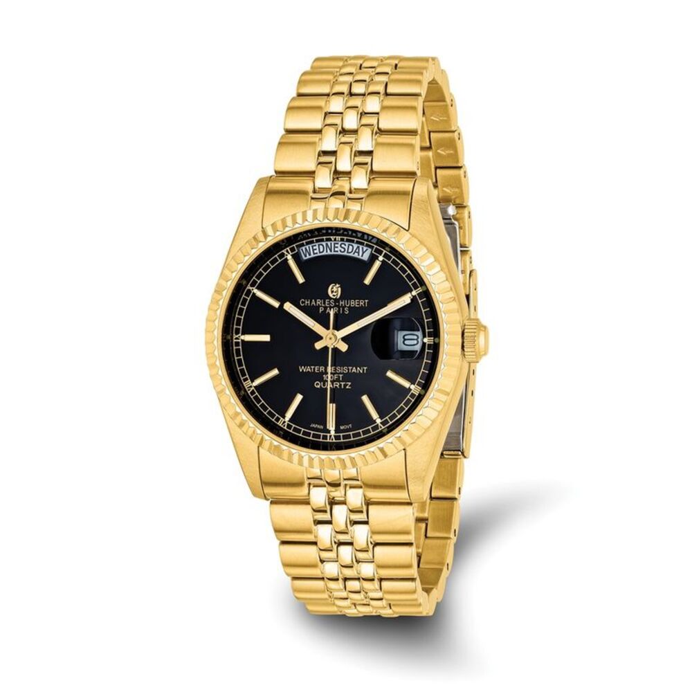 Charles Hubert Mens Gold-plated Black Dial Panther Link Watch